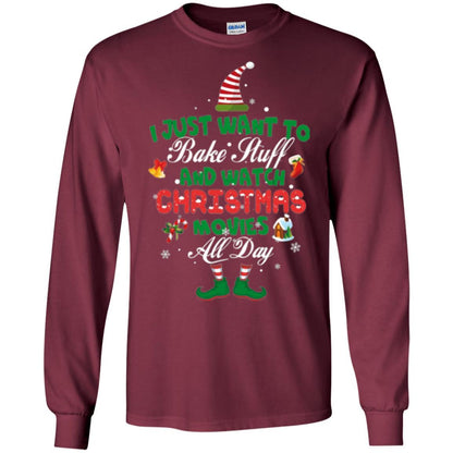 Christmas T-shirt I Just Want To Bake Stuff And Watch Christmas Movies Maroon