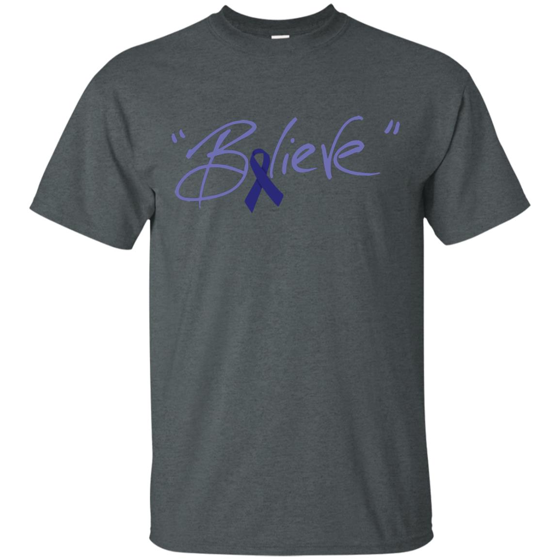 Colon Cancer Awareness Shirt Dark Blue Ribbon Believe Dark Heather