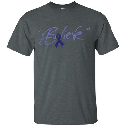 Colon Cancer Awareness Shirt Dark Blue Ribbon Believe Dark Heather