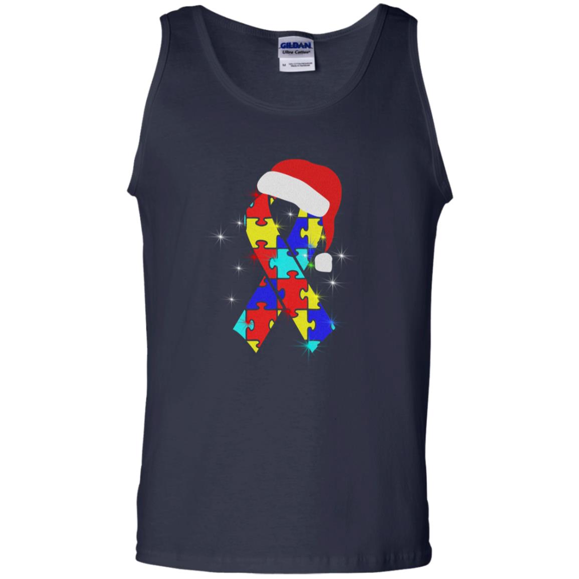 Autism Puzzle Ribbon Santa Hat X-mas Gift Shirt Navy