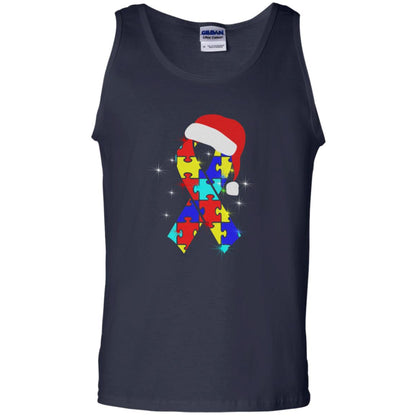 Autism Puzzle Ribbon Santa Hat X-mas Gift Shirt Navy