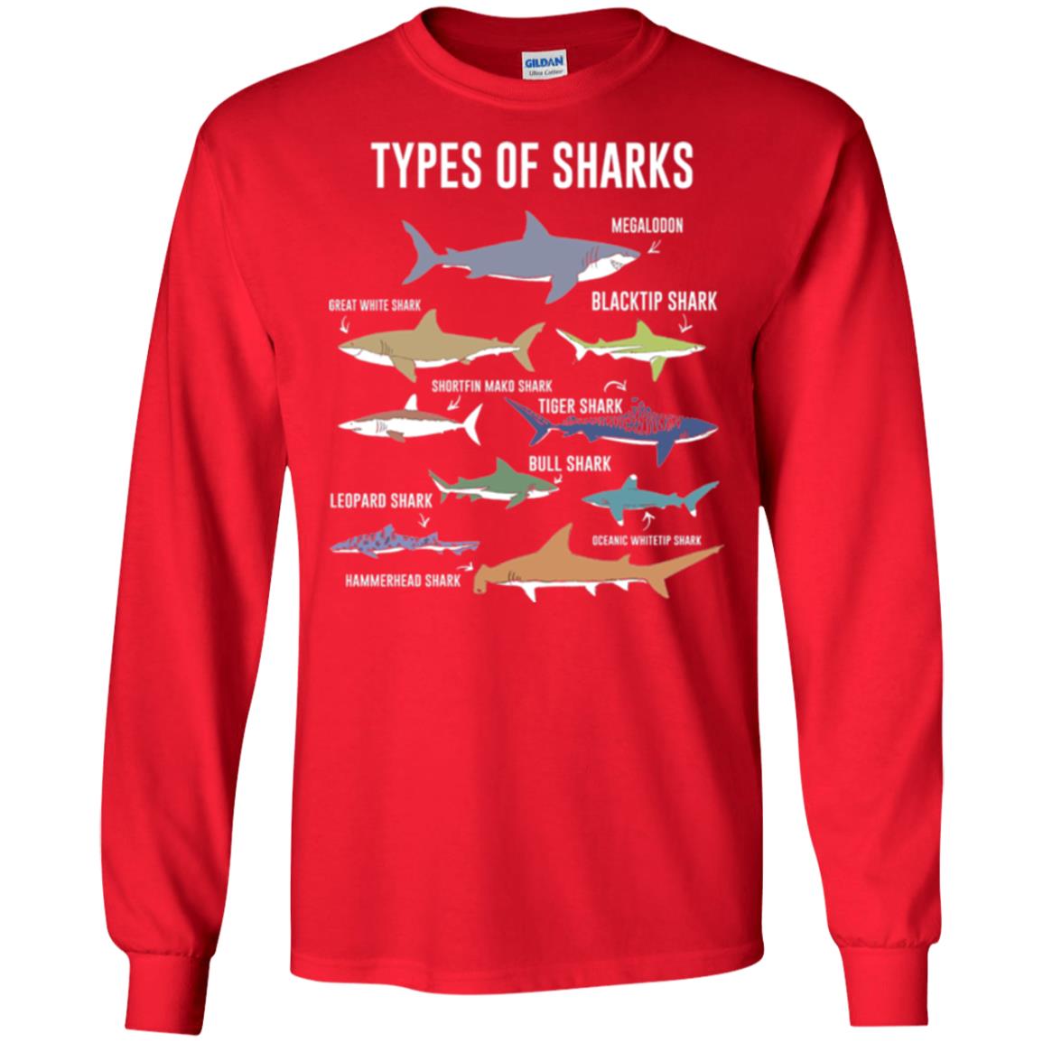 Shark Lovers T-shirt 9 Types Of Sharks Ocean Red