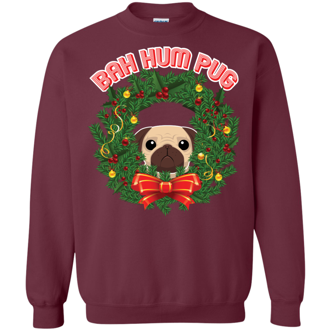 Christmas T-Shirt Bah Hum Pug Maroon