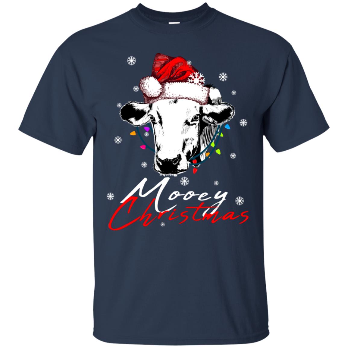 Mooey Merry Christmas X-mas Cow With Santa Hat And Lights Gift Shirt Navy