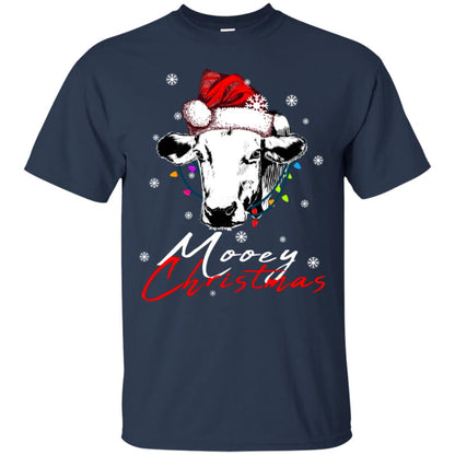 Mooey Merry Christmas X-mas Cow With Santa Hat And Lights Gift Shirt Navy