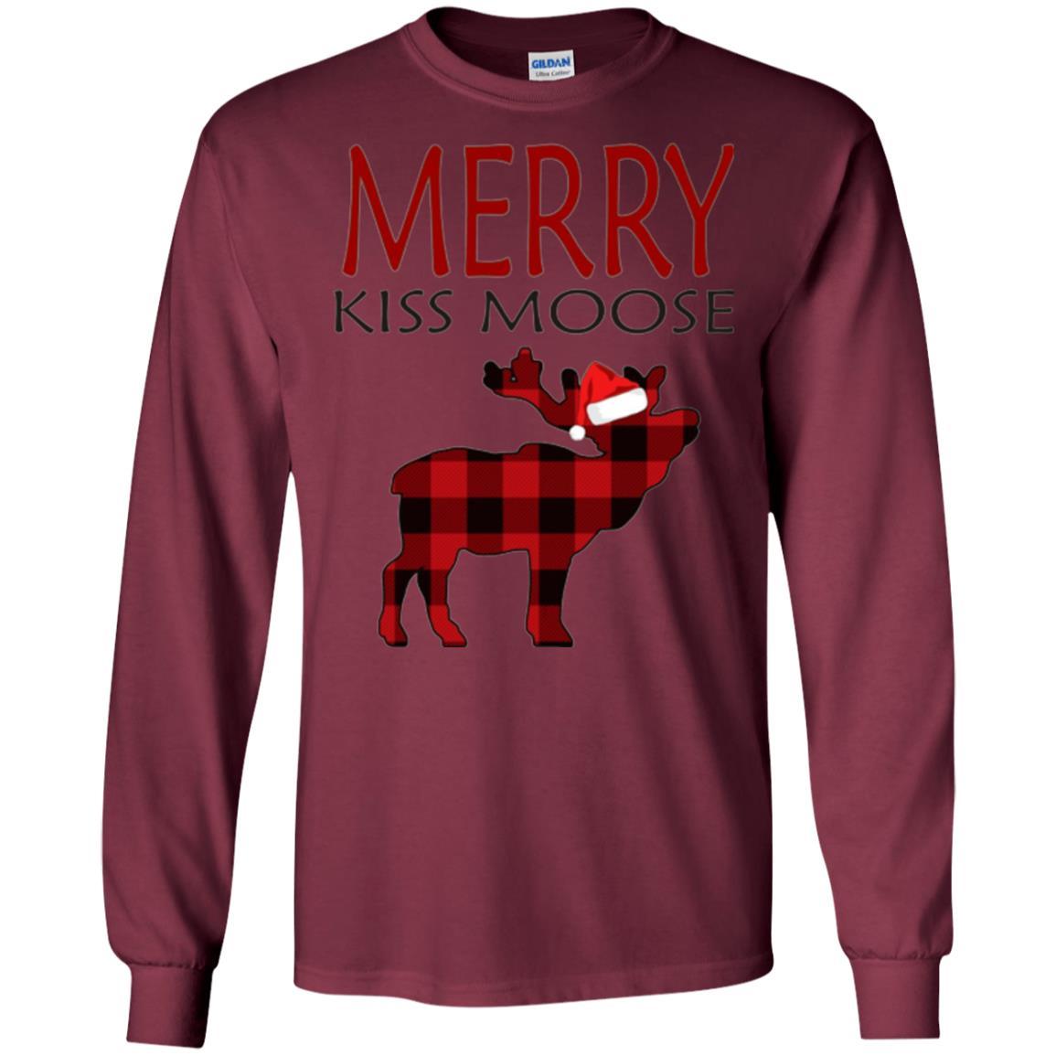 Christmas T-shirt Reindeer Plaid Moose Merry Kiss Moose Maroon