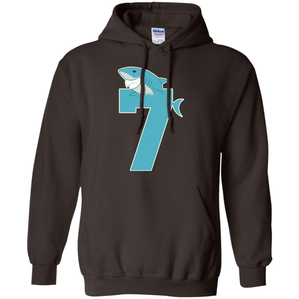 7th Birthday Shark Party Shirt Dark Chocolate