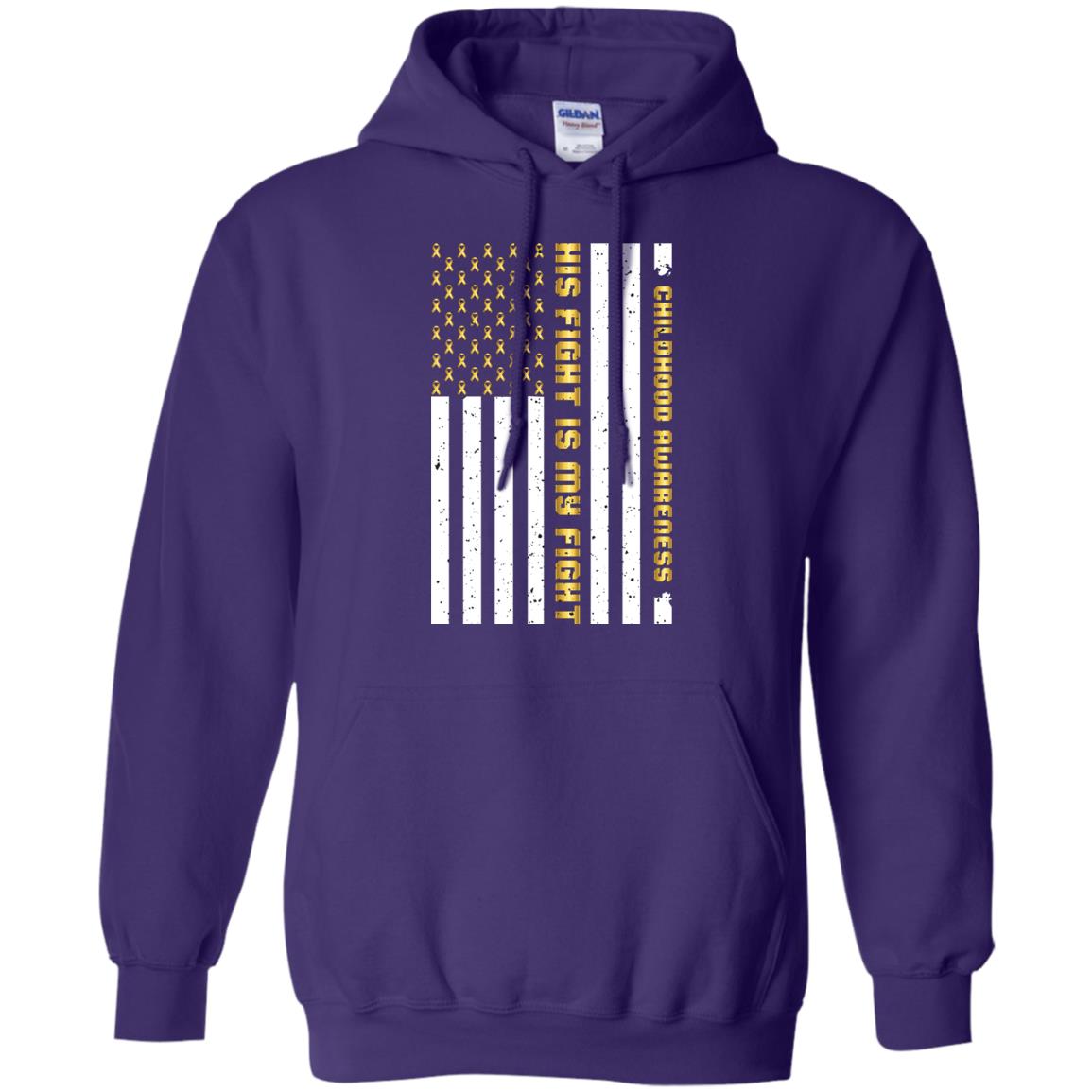 Childhood Awareness His Fight Is My Fight Gold Ribbon Stars Flag Of Usa Shirt Purple