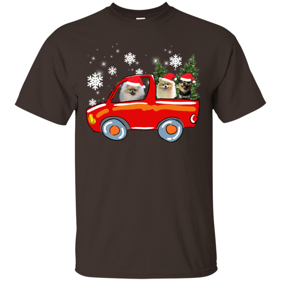 Pomeranians Dogs On Car Merry Christmas Gift Shirt Dark Chocolate