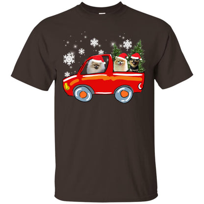Pomeranians Dogs On Car Merry Christmas Gift Shirt Dark Chocolate