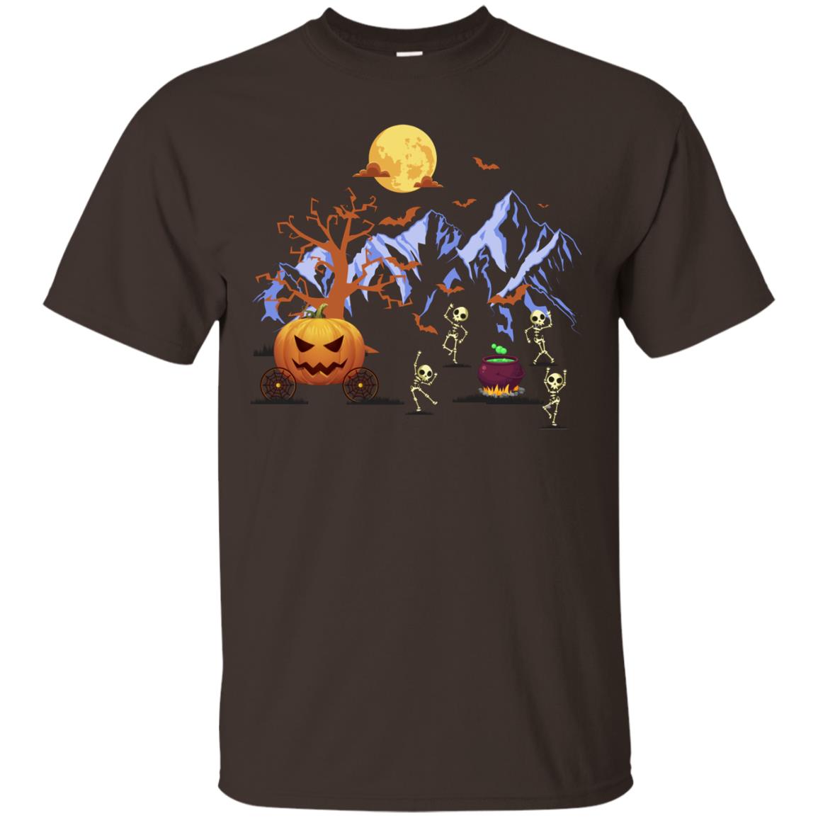 Dancing Skeleton With Pumpkin Funny Halloween Gift Shirt Dark Chocolate