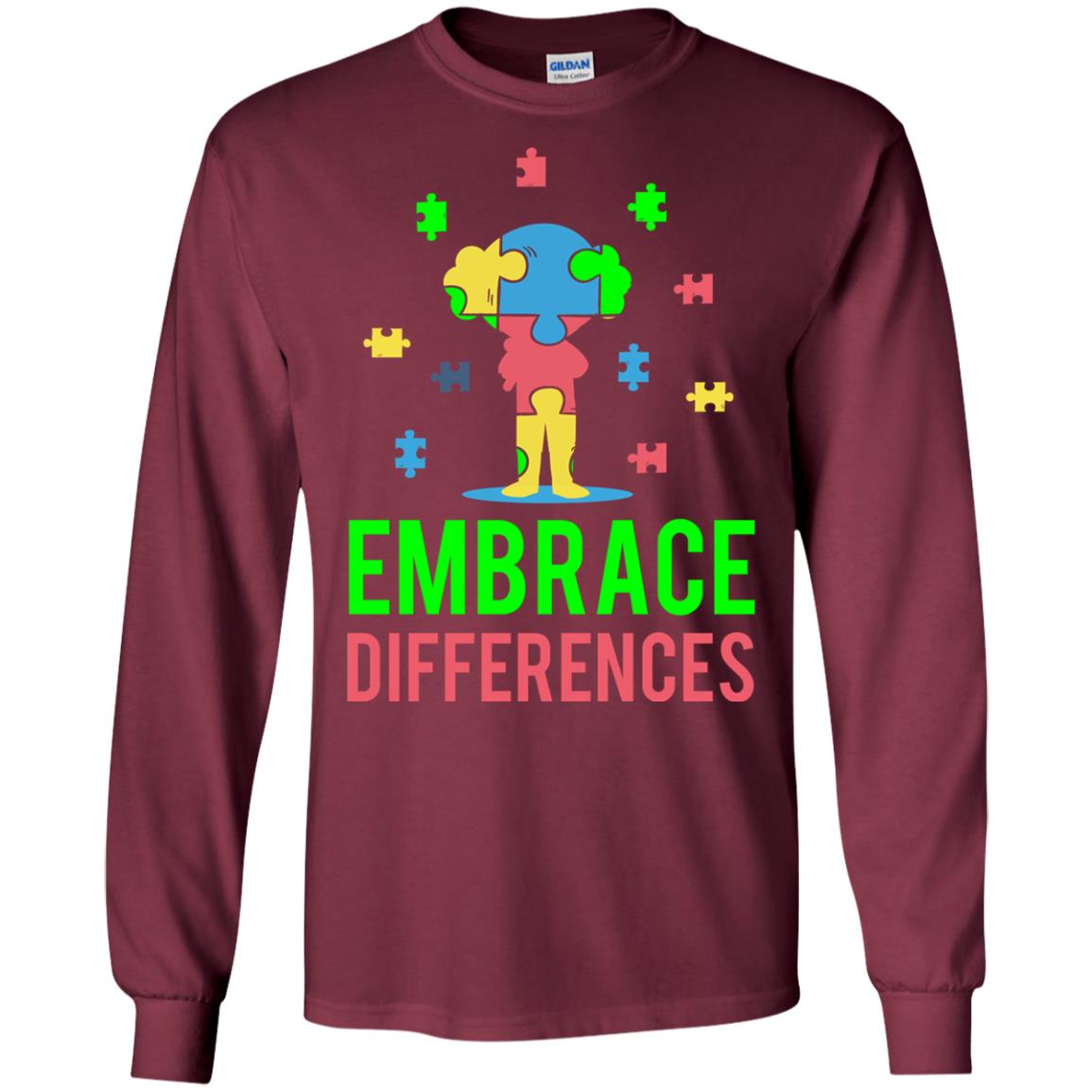 Autism Awareness T-shirt Embrace Differences Maroon