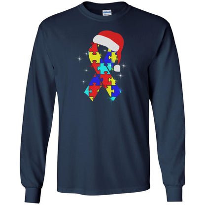 Autism Puzzle Ribbon Santa Hat X-mas Gift Shirt Navy