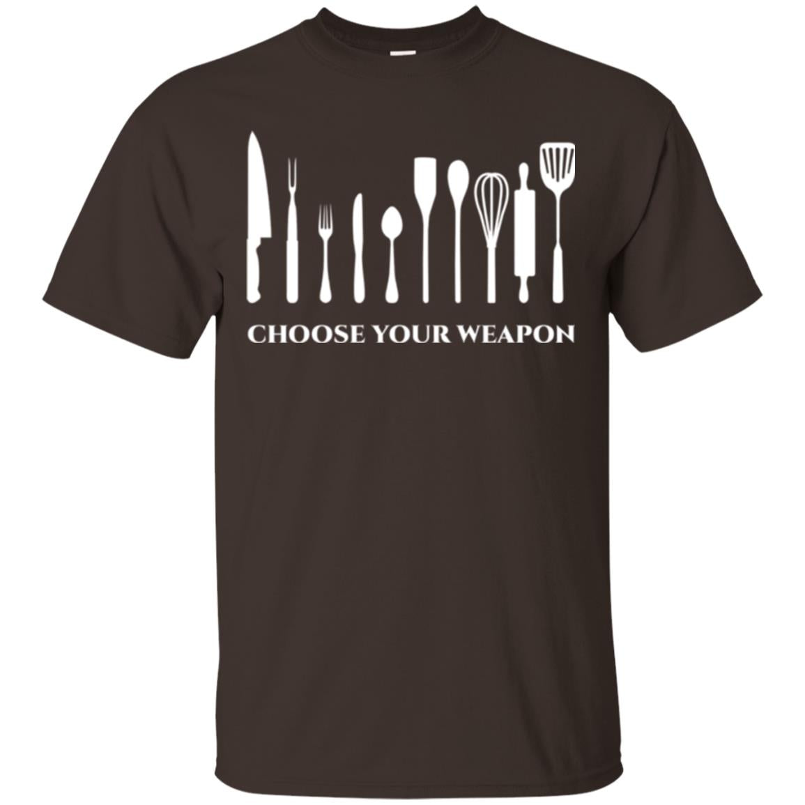 Chef Kitchen Cutlery T-shirt Choose Your Weapon Dark Chocolate