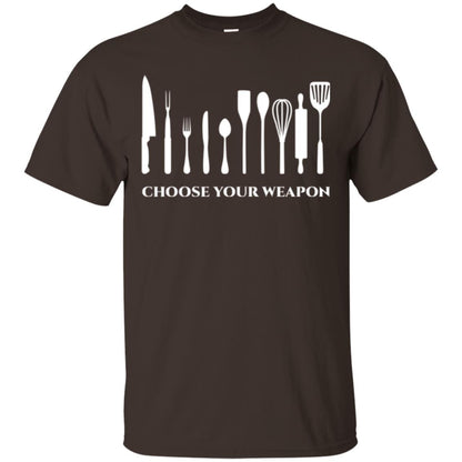 Chef Kitchen Cutlery T-shirt Choose Your Weapon Dark Chocolate