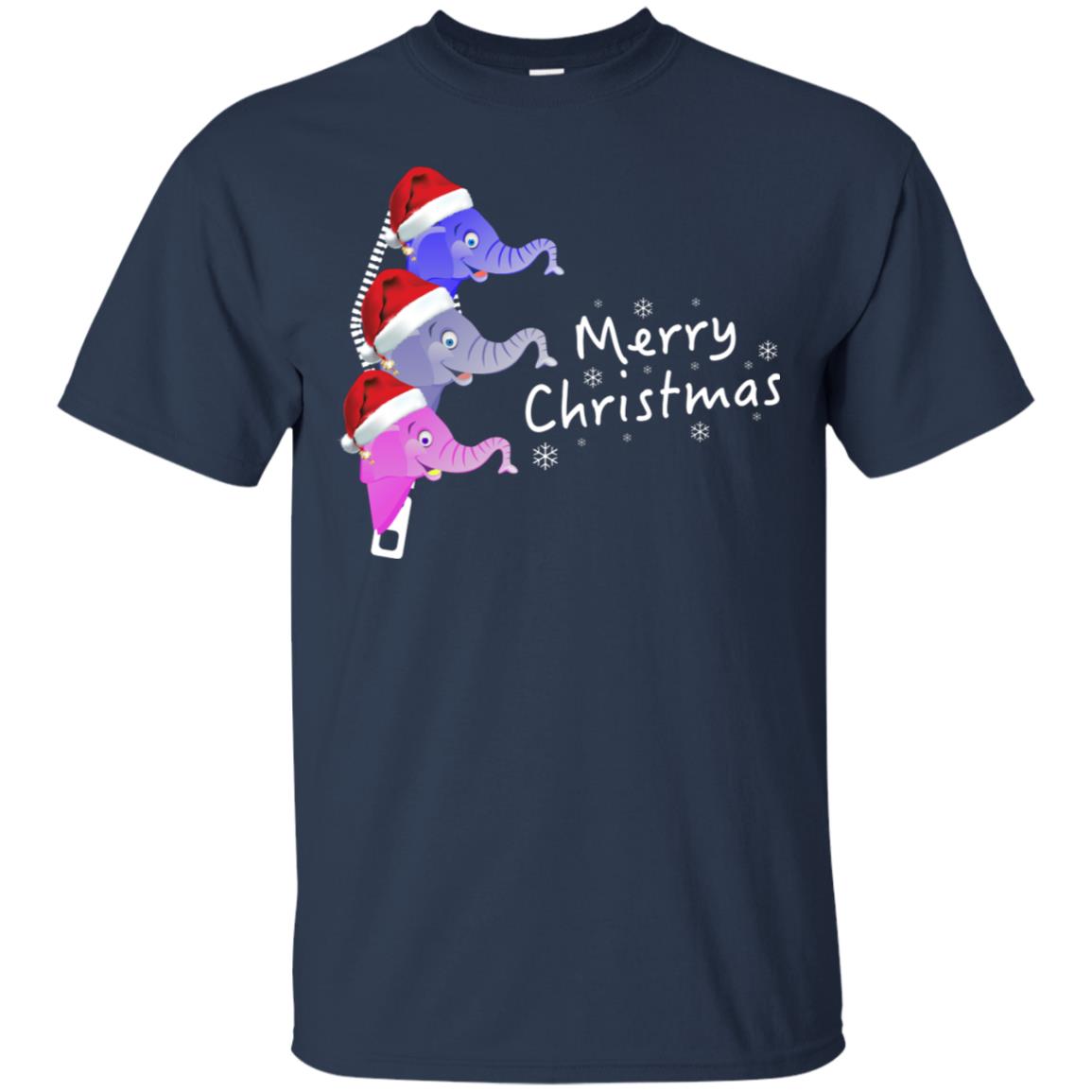Merry Christmas Elephant With Santa Hat In Pocket Zip X-mas Gift Shirt Navy