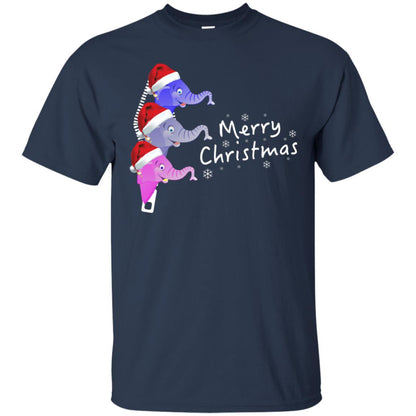 Merry Christmas Elephant With Santa Hat In Pocket Zip X-mas Gift Shirt Navy