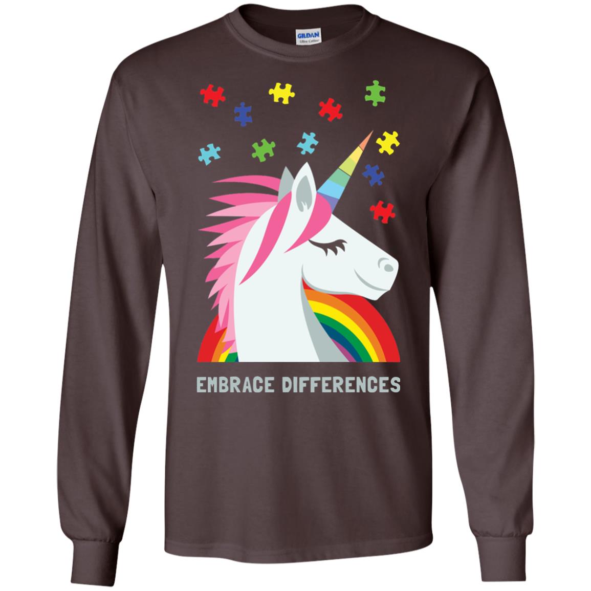 Autism Awareness Shirt Unicorn Puzzle Embrace Differences Dark Chocolate