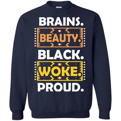 Brains Beauty Black Woke Proud African American T-shirt Navy