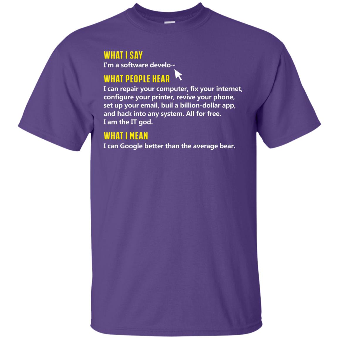 What I Say I_m A Software Develop What People Hear Shirt Purple