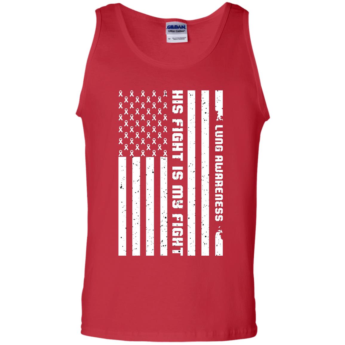 Lung Awareness His Fight Is My Fight Clear Ribbon Stars Flag Of Usa Shirt Red