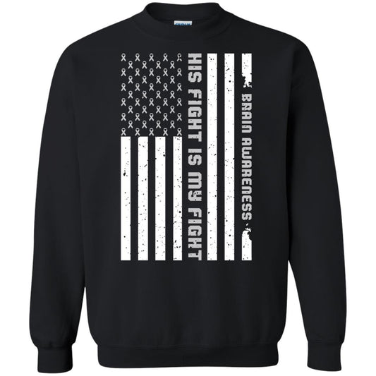 Brain Awareness His Fight Is My Fight Grey Ribbon Stars Flag Of Usa Shirt Black
