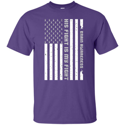 Brain Awareness His Fight Is My Fight Grey Ribbon Stars Flag Of Usa Shirt Purple