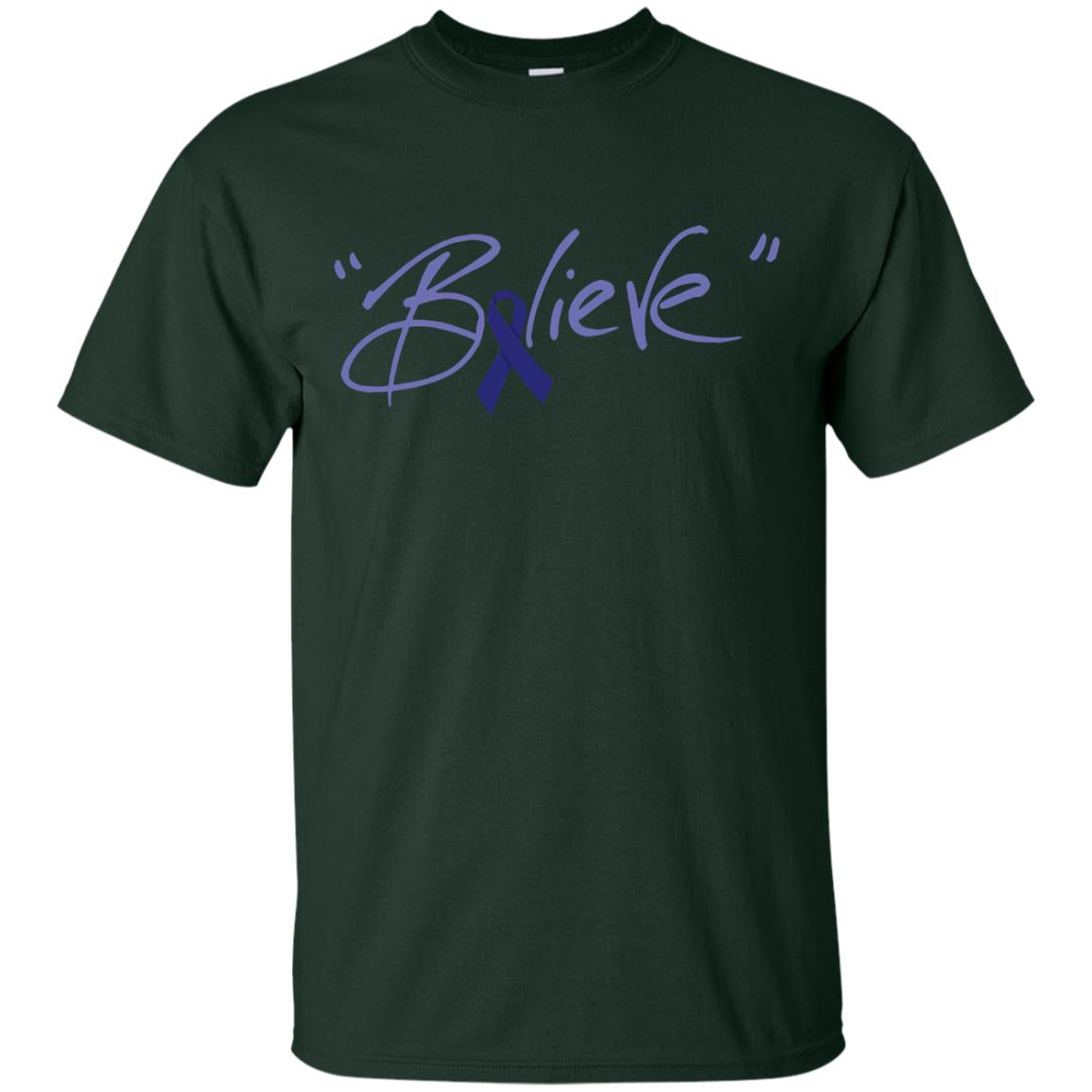 Colon Cancer Awareness Shirt Dark Blue Ribbon Believe Forest