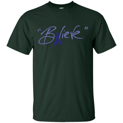 Colon Cancer Awareness Shirt Dark Blue Ribbon Believe Forest