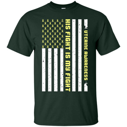 Uterine Awareness His Fight Is My Fight Peach Ribbon Stars Flag Of Usa Shirt Forest