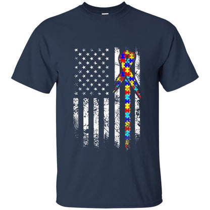American Flag Distressed Autism Awareness T-shirt Navy