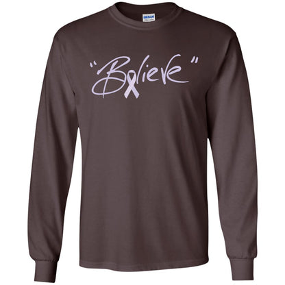 All Cancer Awareness Shirt Lavender Ribbon Believe Dark Chocolate