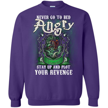 Never Go To Bed Angry Stay Up And Plot Your Revenge Slytherin House Harry Potter Shirt Purple