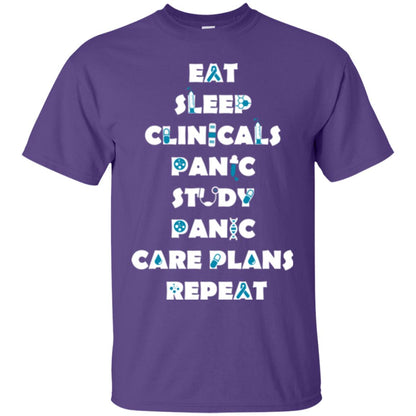 Nurse Student T-shirt Eat Sleep Clinicals Panic Study Panic Care Plans Repeat Purple