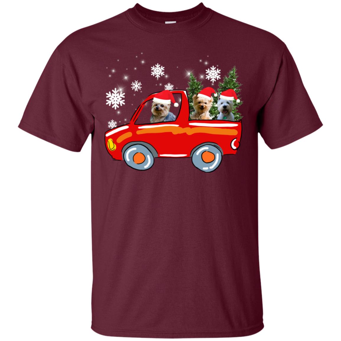 Yorkshire Terrier Dogs On Car Merry Christmas Gift Shirt Maroon