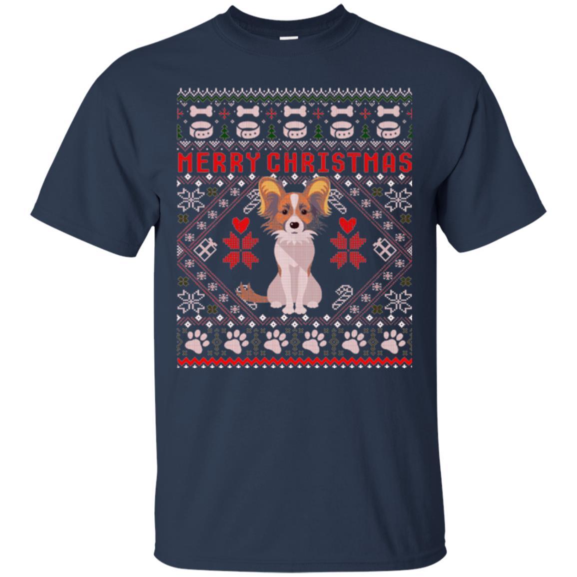 Dog Lover T-shirt Papillon Dog Merry Christmas Navy