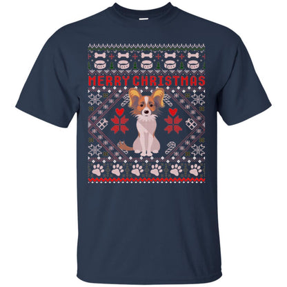 Dog Lover T-shirt Papillon Dog Merry Christmas Navy