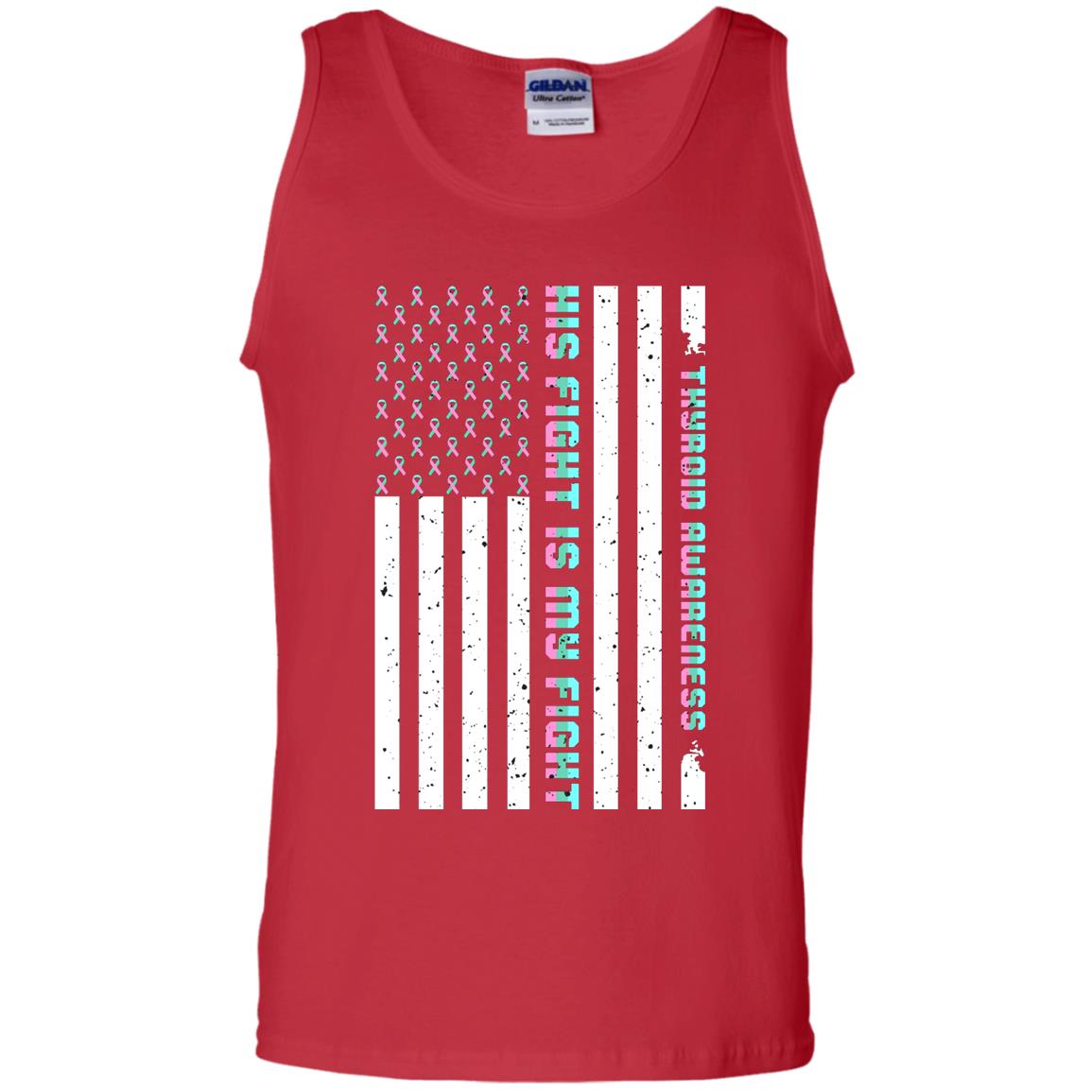 Thyroid Awareness His Fight Is My Fight Teal Pink Blue Ribbon Stars Flag Of Usa Shirt Red