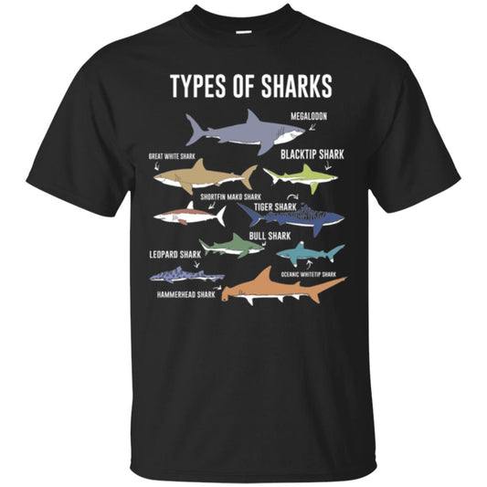 Shark Lovers T-shirt 9 Types Of Sharks Ocean Black