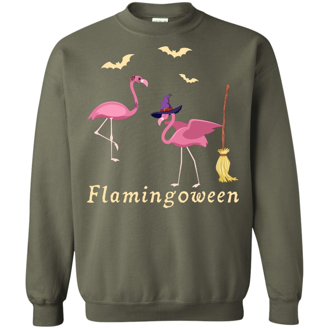 Flamingoween Flamingo Wicth Ride Stick Funny Quote On Haloween Gift Shirt Military Green