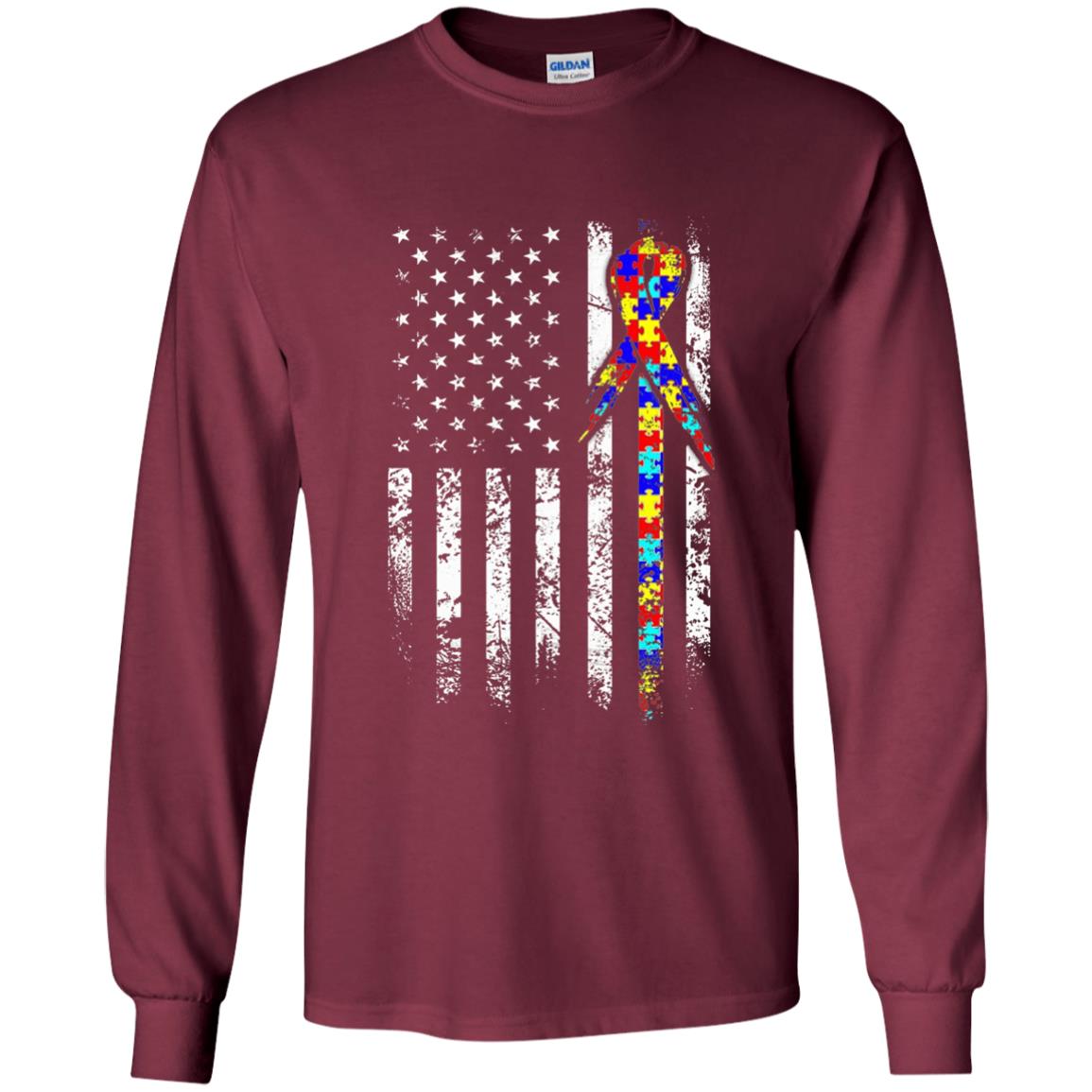 American Flag Distressed Autism Awareness T-shirt Maroon