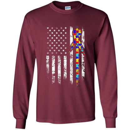 American Flag Distressed Autism Awareness T-shirt Maroon
