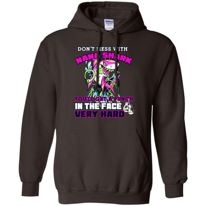 Don't Mess With Nana Shark You'll Get A Punch In The Face Very Hard Family Shark Shirt Dark Chocolate