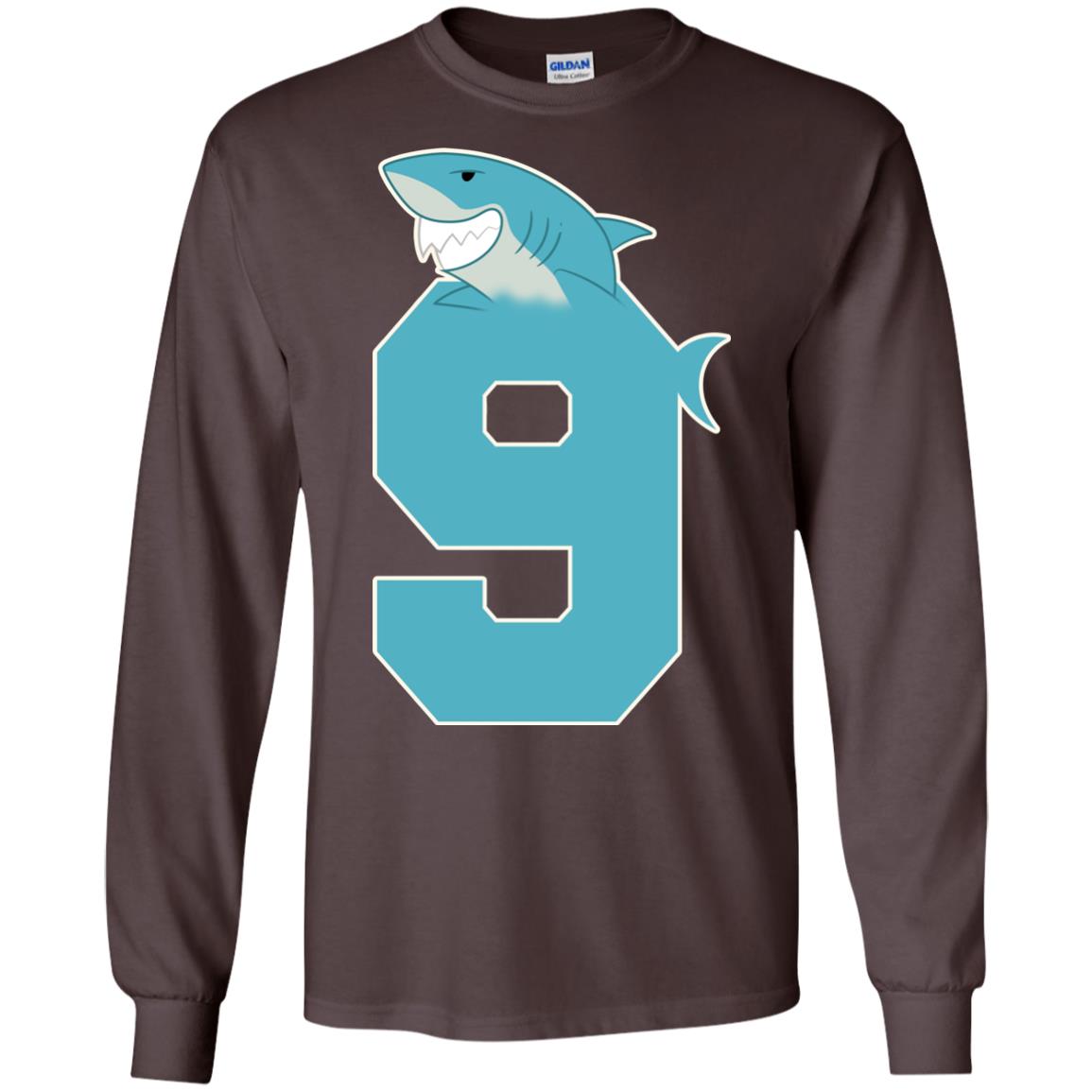 9th Birthday Shark Party Shirt Dark Chocolate