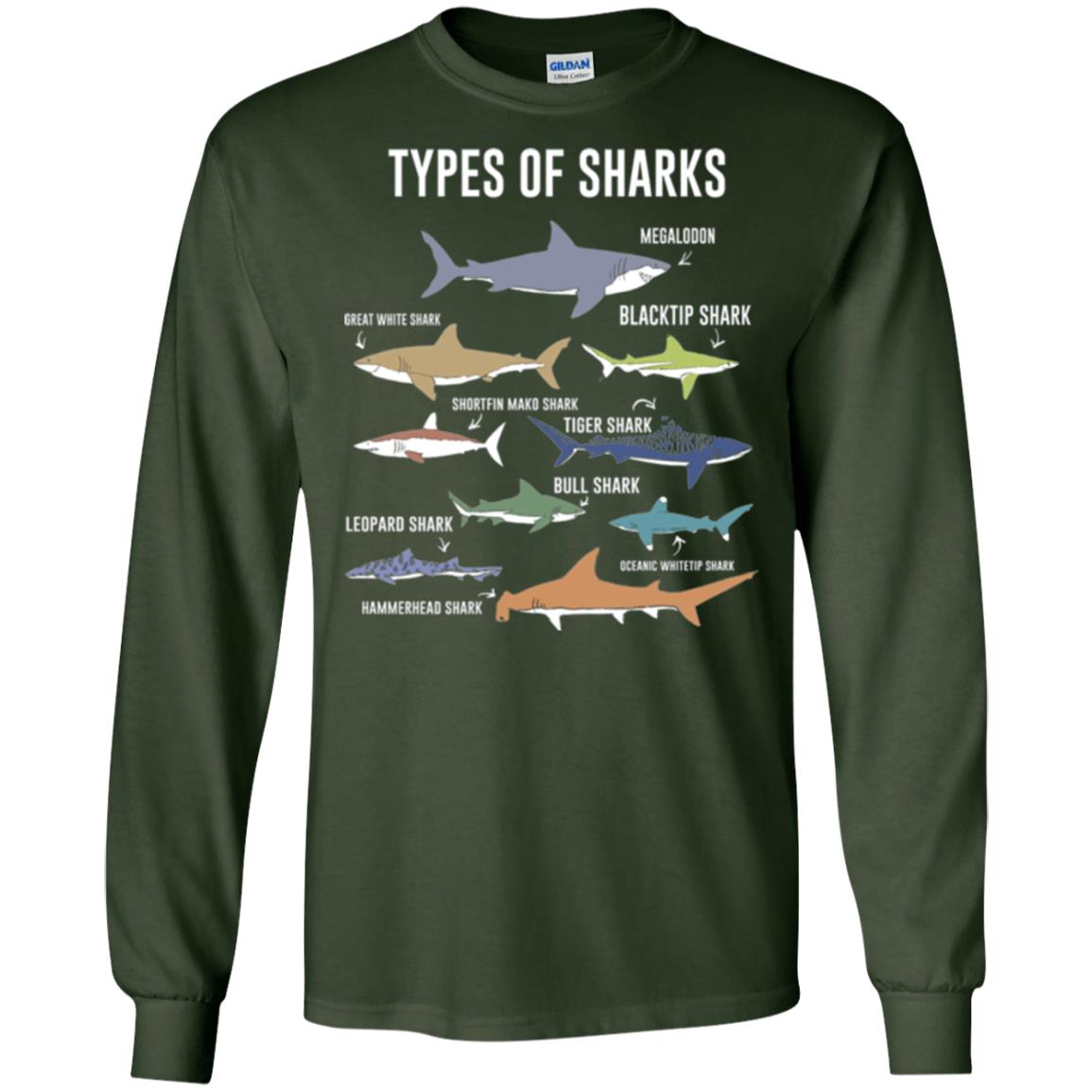 Shark Lovers T-shirt 9 Types Of Sharks Ocean Forest Green