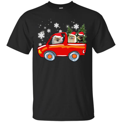 Pomeranians Dogs On Car Merry Christmas Gift Shirt Black