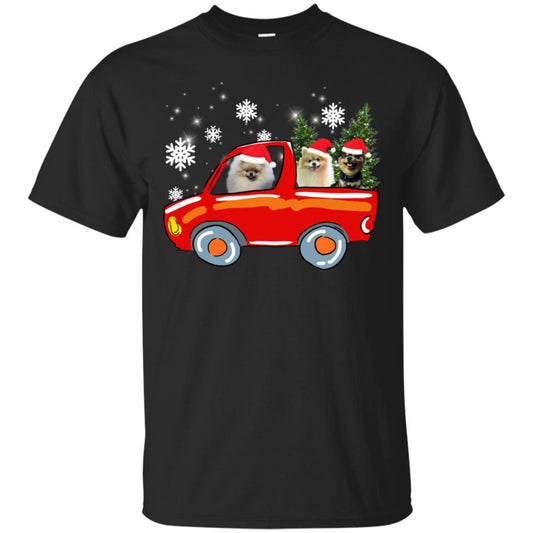 Pomeranians Dogs On Car Merry Christmas Gift Shirt Black