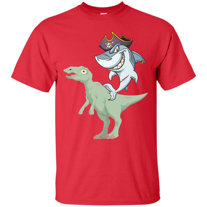 Shark Pirate Riding A T-rex Dinosaur Funny Gift Shirt Red