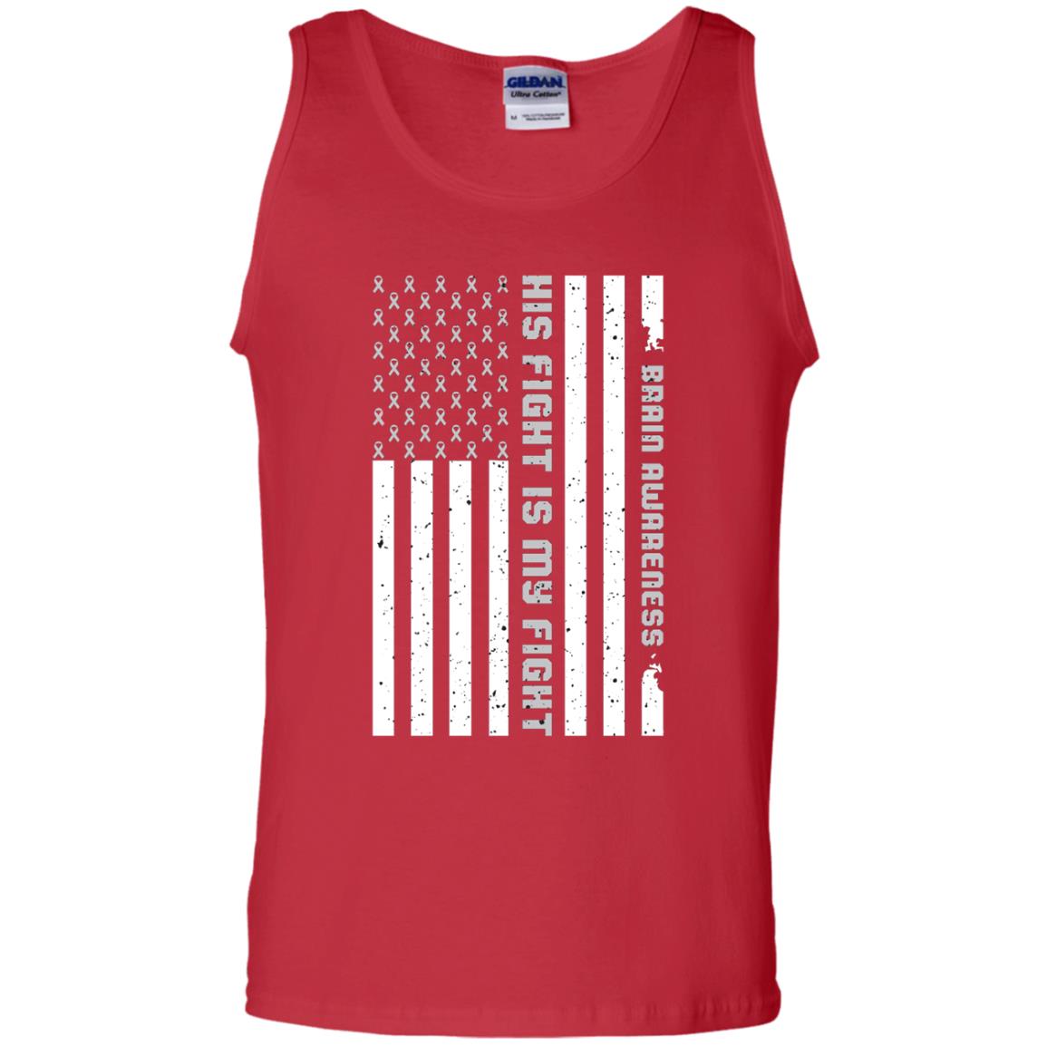 Brain Awareness His Fight Is My Fight Grey Ribbon Stars Flag Of Usa Shirt Red