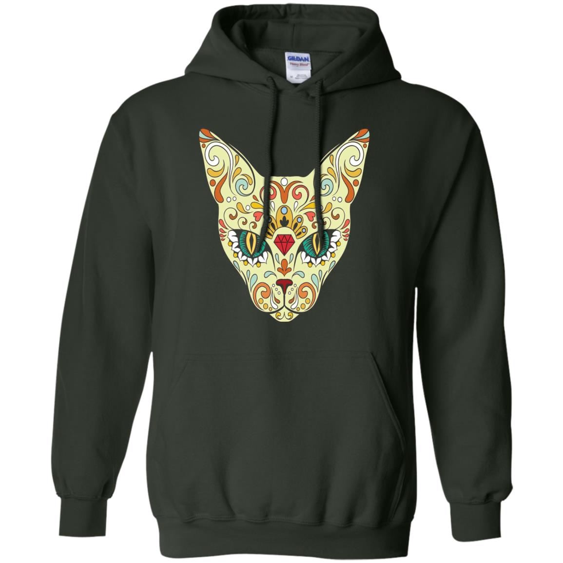 Cat Sugar Skull Design T-shirt Forest Green